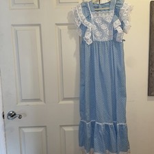 Vintage handmade girls prairie dress blue eyelet polka dot Ruffle