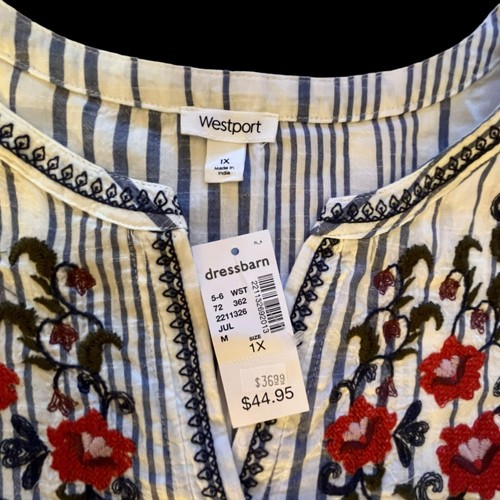 Westport 1X Embroidered Blouse Nautical Blue Stripe Top 100% Cotton V Neck 1T - Picture 5 of 9