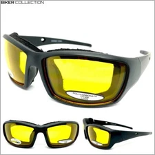 MOTORCYCLE Night Riding Padded Safety SUN GLASSES Protective Eyewear Yellow Lens