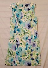 Chaps Dress Sz 14 Sleeveless Watercolor Floral Blue Green Keyhole Sheath Zip 