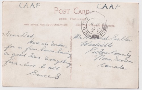 CANADA WW2 BEAVER CLUB LONDON POSTED 1941 BRUCE SALTER TO FATHER, WESTVILLE NS - Picture 3 of 3