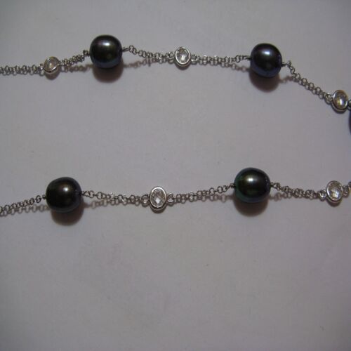 18" Sterling Silver Black Freshwater Pearl and CZ Necklace 10.82g - Picture 2 of 2