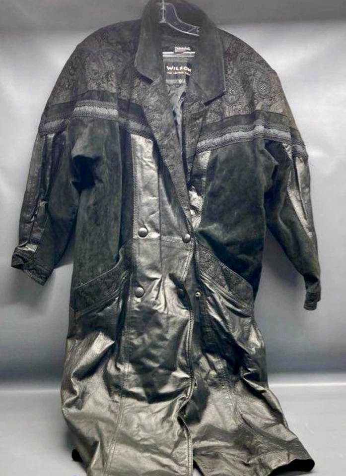 Gabardina larga de cuero Wilsons vintage para mujer años 90 gamuza negra cachemira botón mediano