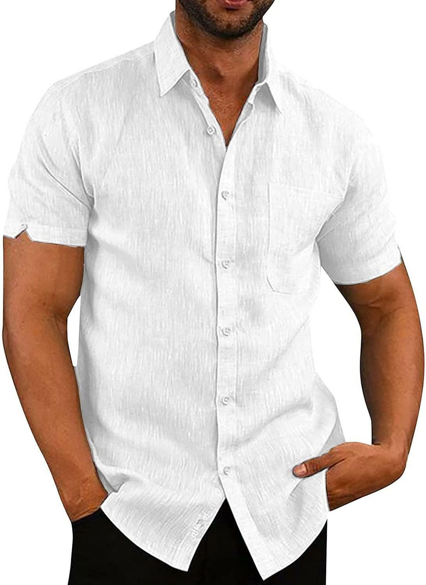 Pengfei Men's Short Sleeve Linen Cotton Shirt - Casual Button-Down Tee For Summer (Blue, Black, Beige & More) - View #6