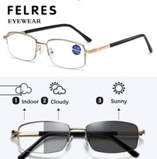 Men Metal Half Frame Photochromic Reading Glasses UV Protection Sunglasses New