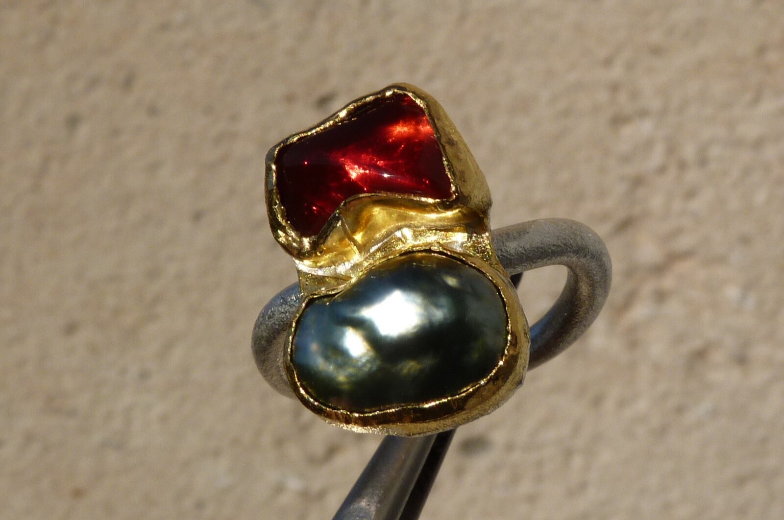 925 Silver And 24 Ct Gold Ring, 1 Fire Opal, 1 Keishi Pearl, Size 57 image 2
