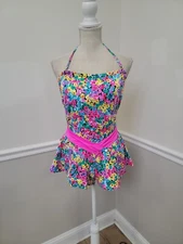 Vintage Gabar 80s Womens One Piece Skirt Swimwear Dress  Psychedelic Floral 14