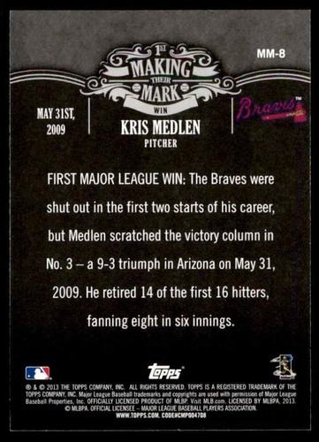 2013 Topps Making Their Mark Kris Medlen Atlanta Braves #MM-8 - Picture 2 of 2