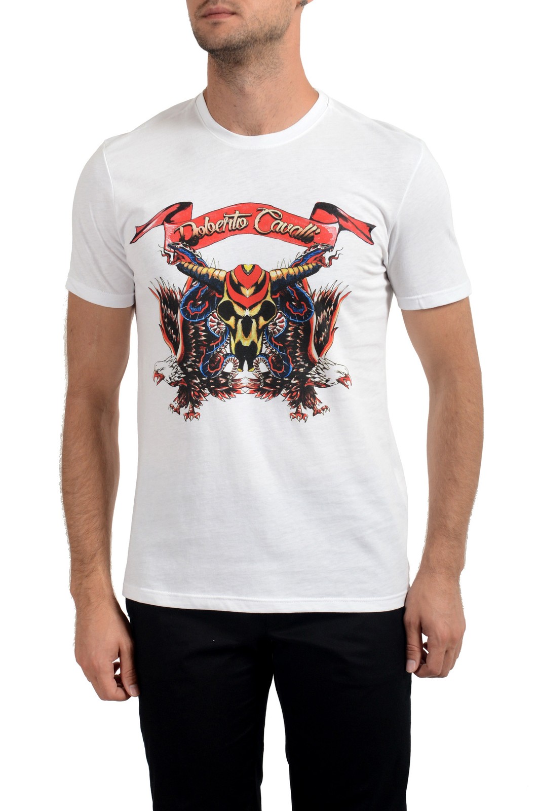 Roberto Cavalli Mens White Graphic Print Crewneck T-Shirt US S IT 48 13190₽