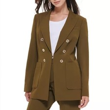 NWOT Tommy Hilfiger Women's Double Breasted Blazer Green Gold Button 12