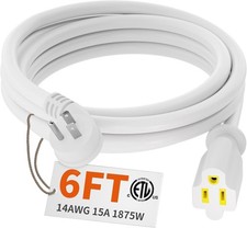 14 Gauge 6 Feet Flat Plug Extension Cord White Indoor Outdoor,Heavy Duty 3 Prong