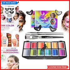 Face Paint Kit for Kids 12 Split Cake Colors 3 Brushes 5 Stencils Non-Toxic
