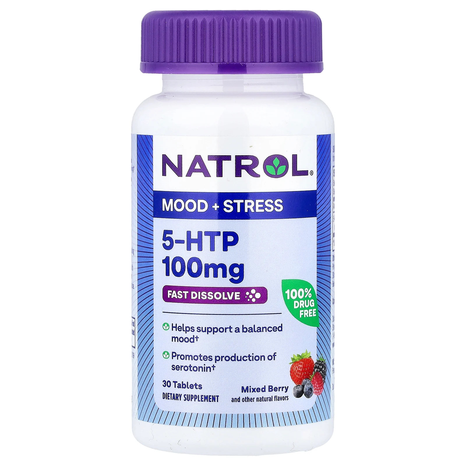 5-HTP, быстрорастворимый, Ягодный микс, 100 мг, 30 таблеток