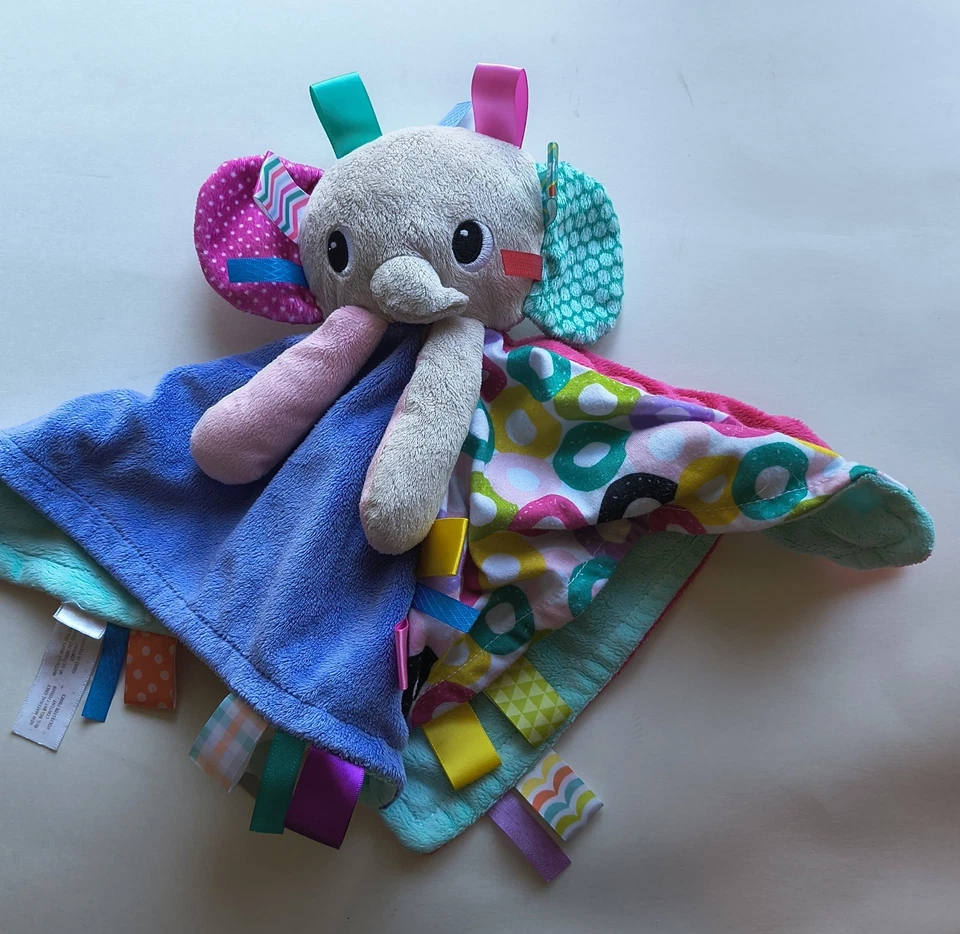 Manta de seguridad Bright Starts Tags unisex elefante adorable felpa rosa púrpura   Foto 3 de 4