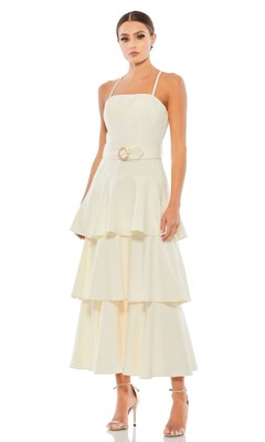 Ieena for Mac Duggal - Belted Tiered Ruffle Sleeveless Midi Dress -Ivory. Sz 2