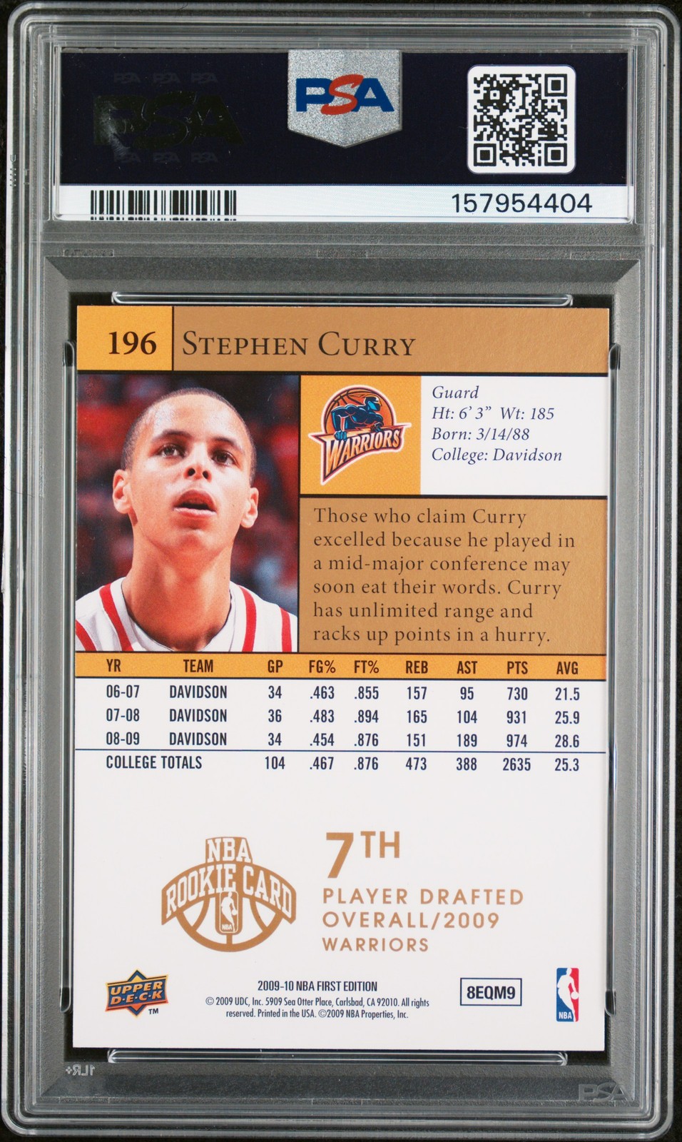 2009 UD FIRST EDITION GOLD #196 STEPHEN CURRY ROOKIE RC PSA 9 view 2