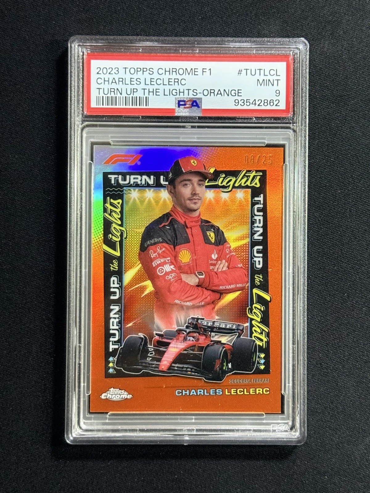 2023 Topps Chrome Formula 1 Charles Leclerc Orange Turn Up The Lights #/25 PSA 9 view 1