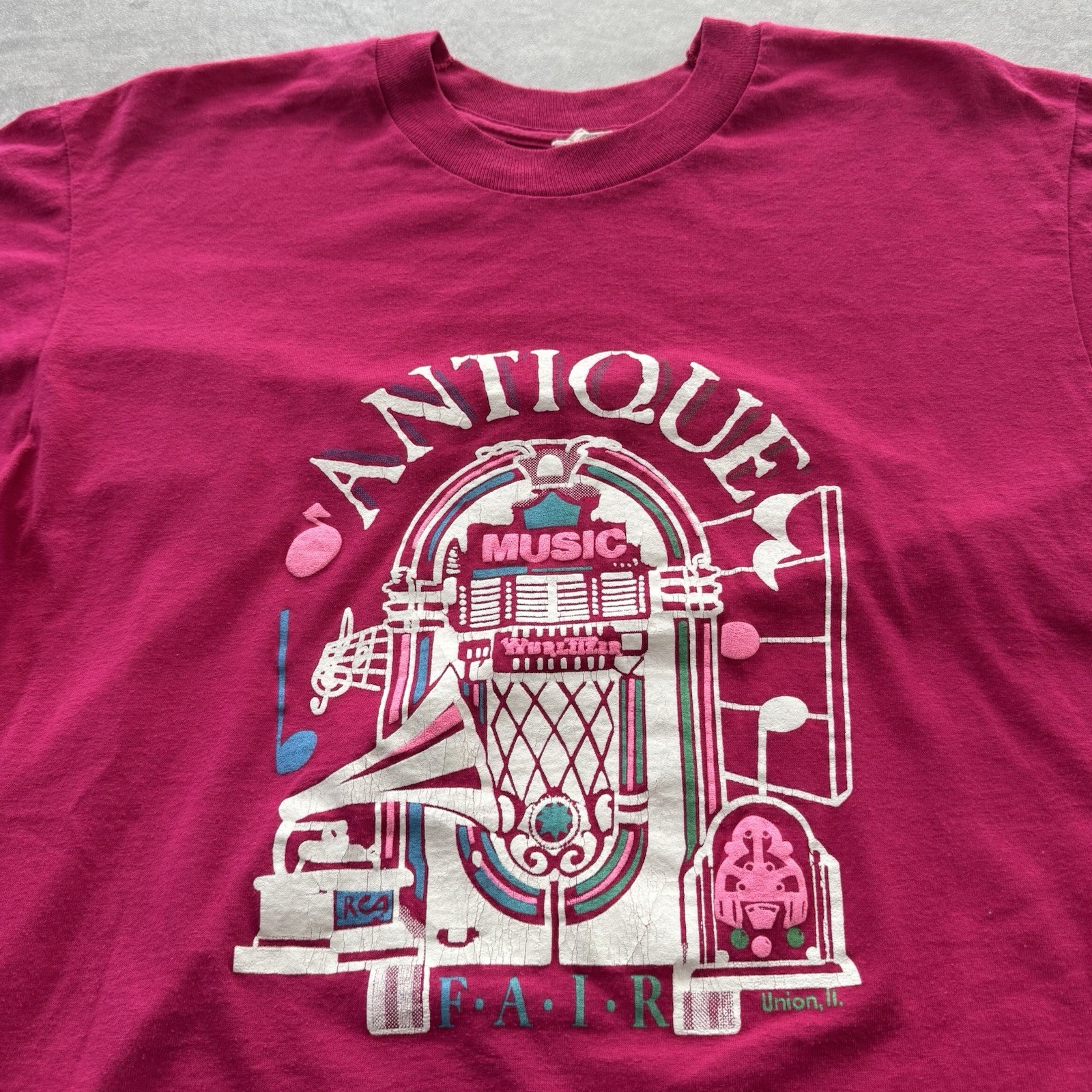 Vtg 80s Antique Music Fair RCA Concert Tee Shirt Screen Stars XL Pink Thin