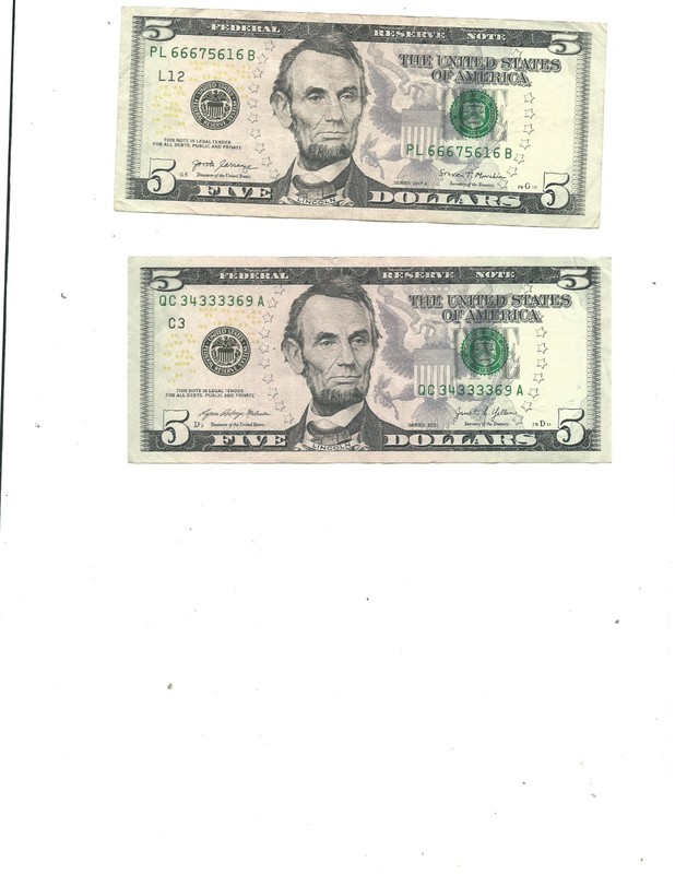 (2) Circulated $5 Dollar Bills w/5 same digits in each serial # - FREE SHIPPING!