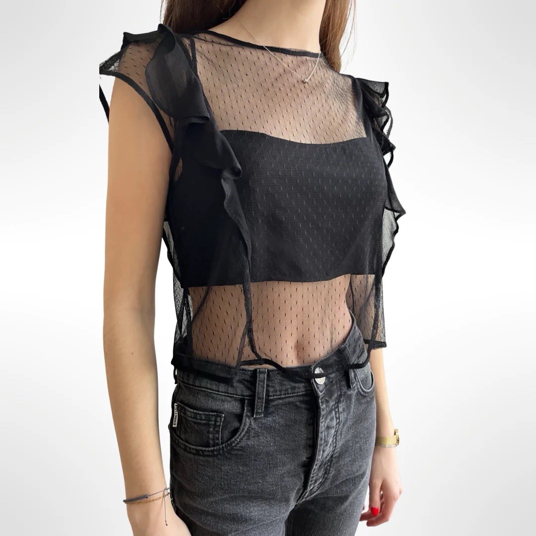 Top de malla transparente negro Zara para mujer talla S botón trasero gótico ...