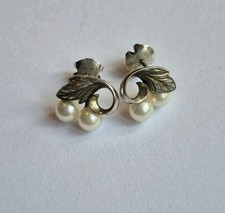 Vintage Mikimoto Pearls Silver Leaf Stud Earrings with Original Box