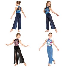 Kids Girls Jumpsuit Performance Lyrical Dance Training Leotard Stretch Sparkle