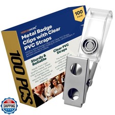 Performore 100 Metal Snap Badge Clips 26mm x 12mm with Clear Strap and Secu