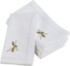 Handmade Open Wing Dragonfly Embroidery Napkin with Hemstitched Border (Set of 6