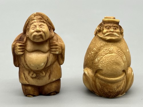 (2) Small Japanese Cast Resin Netsuke Tiny Chips Noted