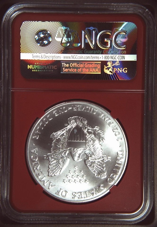 1998 American Silver Eagle $1 – NGC MS69 – Mint Error Obverse Struck Thru - Image 2 of 2
