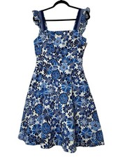 TAHARI ASL Dress Women Size 6 Floral Ruffle Midi Sleeveless Summer Beach Blue