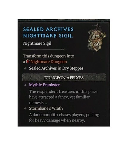 Diablo 4 S12 Mythic Prankster Nightmare Sigil Run 1 Slot 1 Random Purple Gear