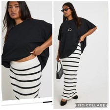 Boohoo Plus Size Striped Knit Maxi Skirt Black White NWT 16/18