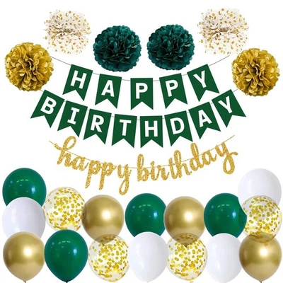 Happy Birthday Décoration Guirlande Anniversaire Femme Vert foncé et Blancs B... - Photo 1/4