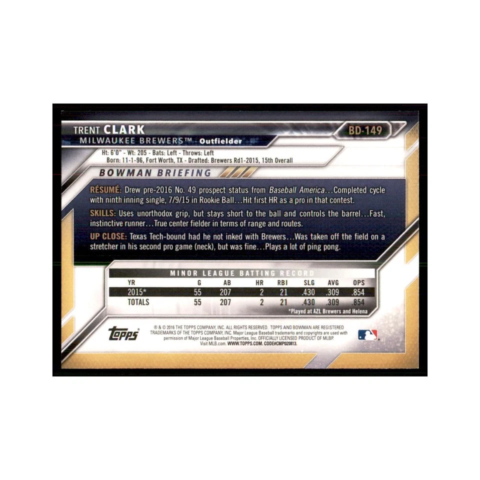 2016 Bowman Trent Clark Baseball Cards #BD-149 - Image 2 of 3