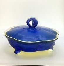 Vintage Japan Blue Pottery Iridescent Covered Dish