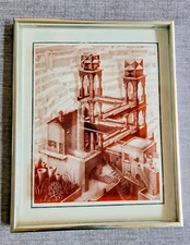 M.C. Escher Waterfall Print on Glass Wall Art Lucid Lines Ascending RARE