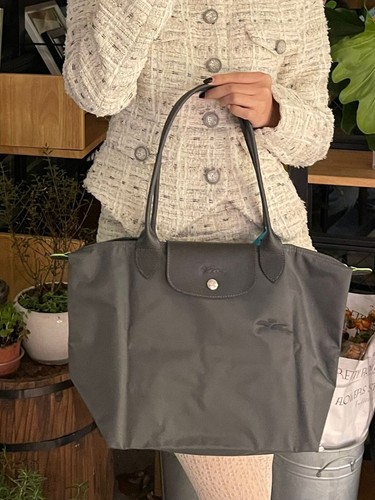 LONGCHAMP Le Pliage L Size Gray Tote Bag Handbag Nylon Genuine Leather NEW - Picture 8 of 12
