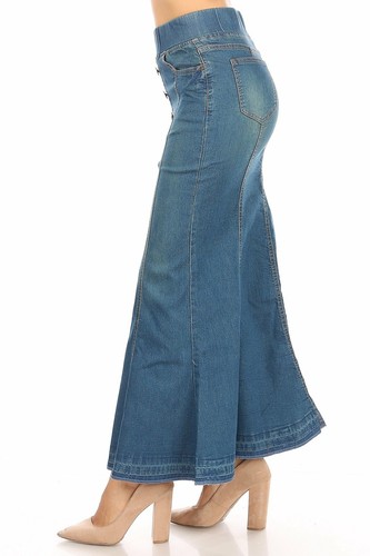 Women's Juniors/Plus Size Elastic Waist Mermaid Shape Stretch Denim Long Skirt - Picture 2 of 15