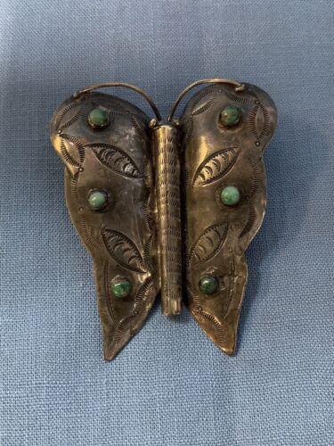 Beautiful Old Pawn Silver and Turquoise Butterfly Pin - Picture 1 of 9