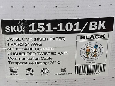 Vertical Cable 151-101/BK 24/4P  350MHz Cat5e UTP Network Cable CMR Black /100ft
