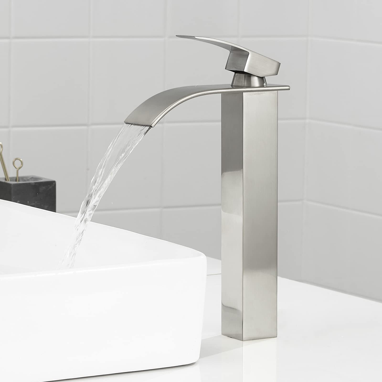 Waterfall Spout Brushed Nickel Bathroom Faucet, Tall Single Handle