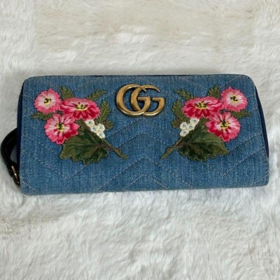 Gucci Gg Marmont Denim Long Wallet Floral Print Long