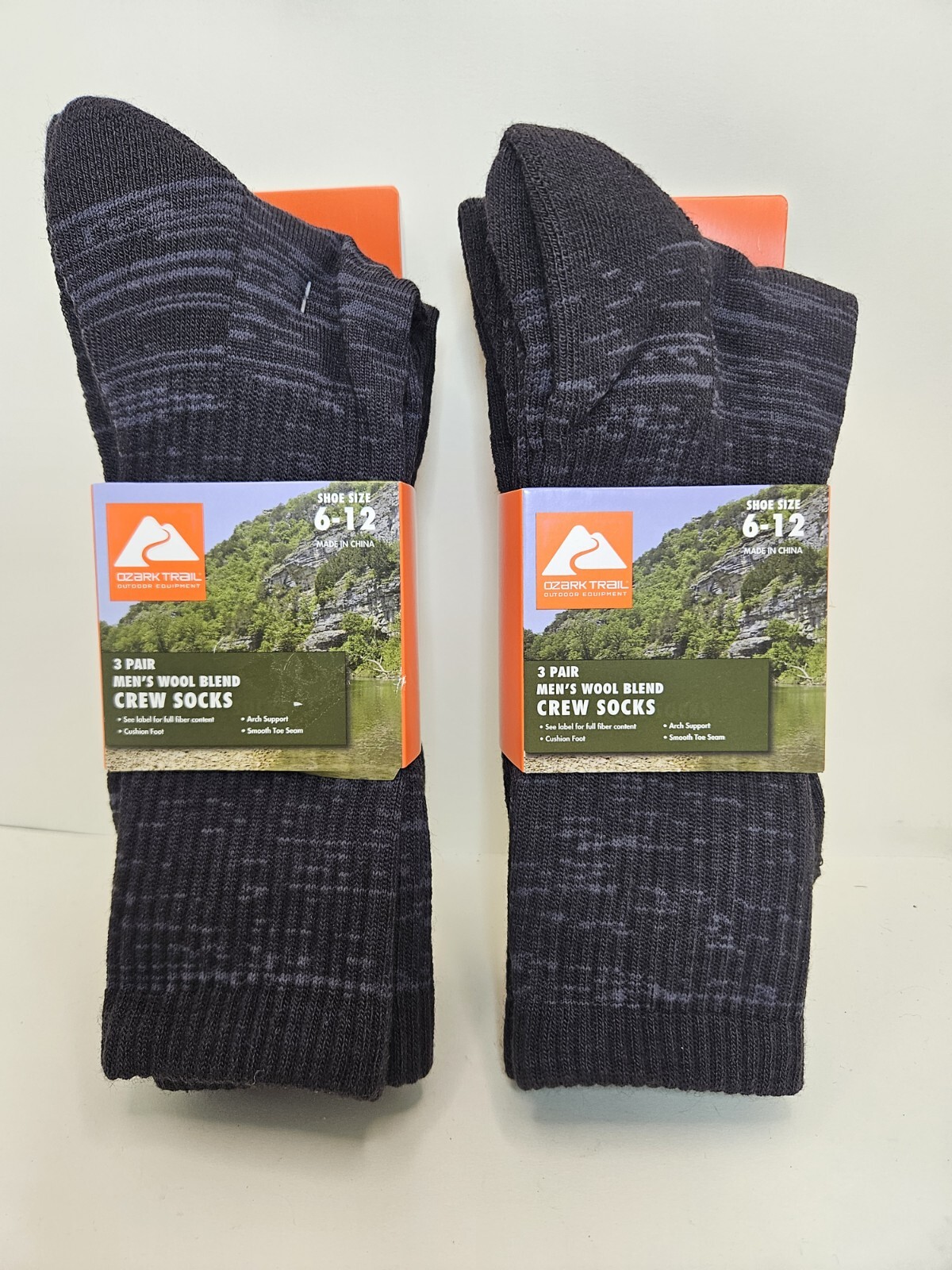 Ozark Trail Crew Socks Arch Support Wool Blend Black Soot Men's Size 6-12 2 Pack