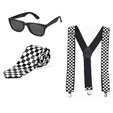 Adult 1980s Ska Retro Chequered Sunglasses Braces Tie Fancy Dress Costume Outfit