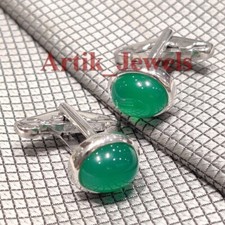Natural Green Onyx Gemstone With 14K White Gold Plated Silver Cufflink 608