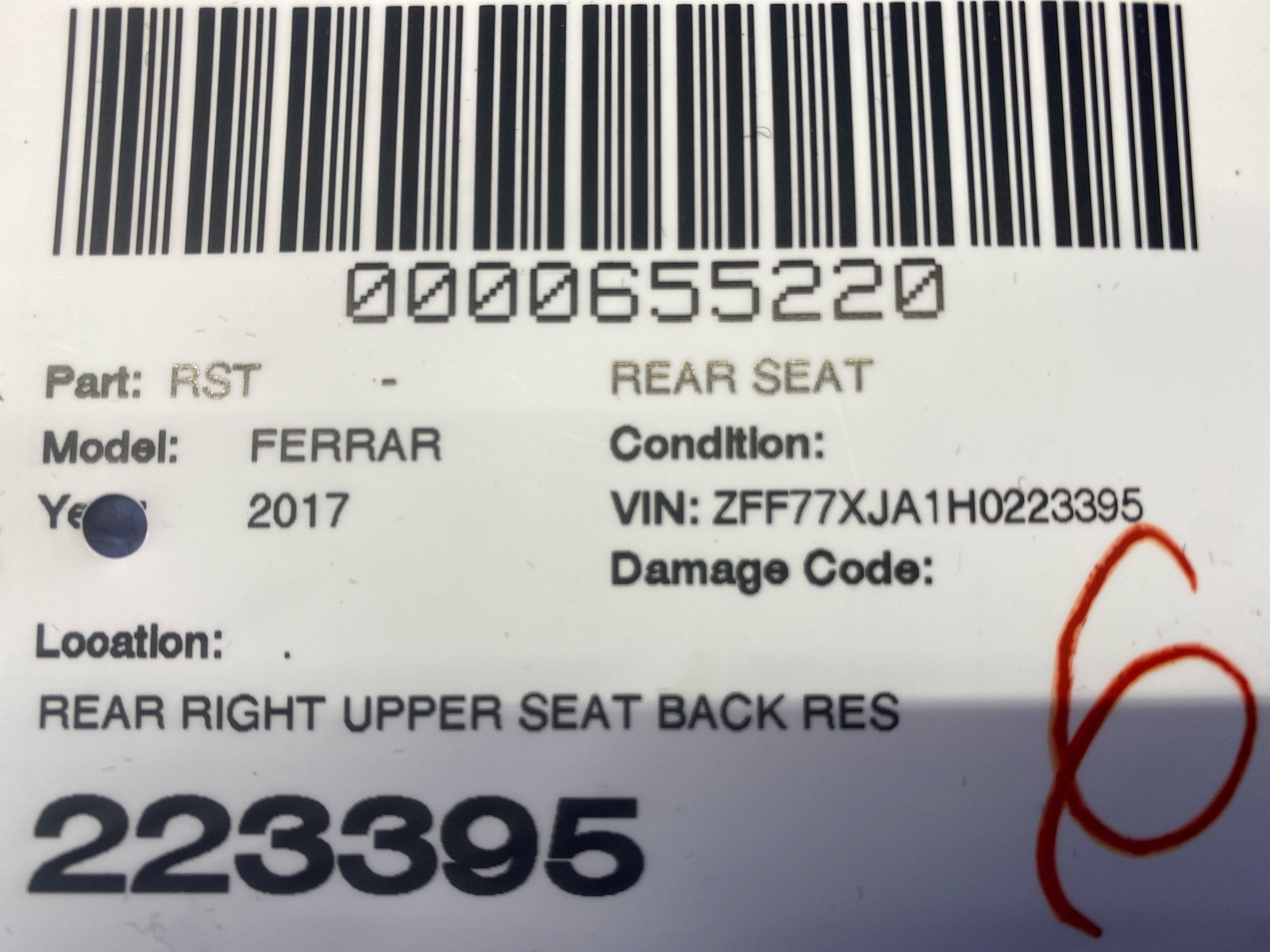 2015-2018 FERRARI CALIFORNIA REAR RIGHT UPPER SEAT BACK REST CUSHION RED LEATHER