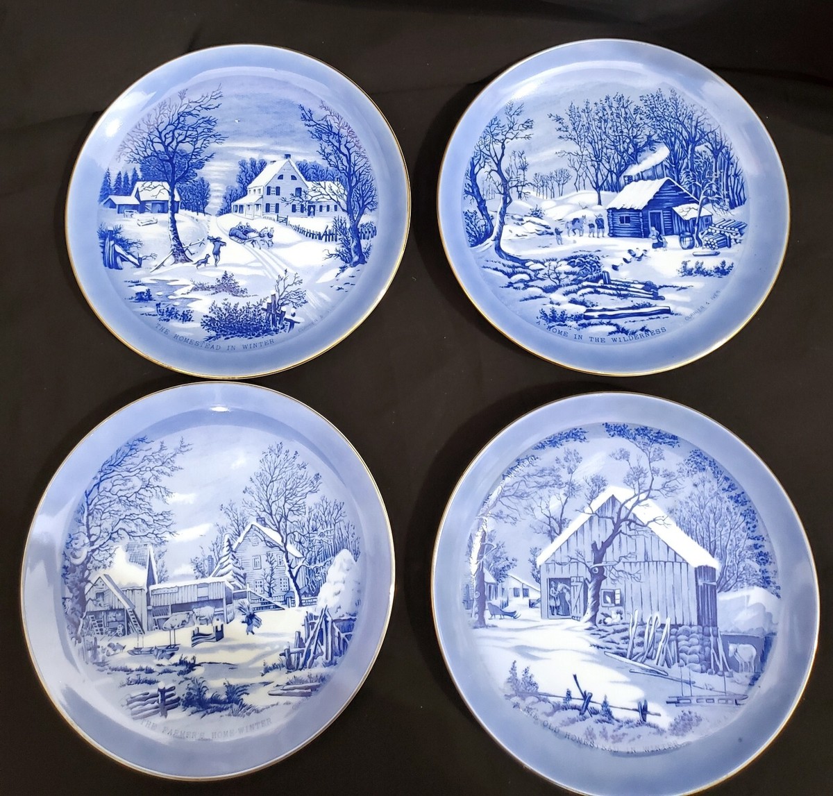 Currier Ives PLATES blue white winter scene farmers home old