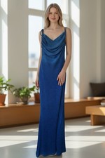 Fashion Nova Womens Size Small spaghetti strap Maxi Fitted Dress Royal Blue Slit