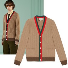 GUCCI MENS SWEATER RIB KNIT CAMEL HAIR CARDIGAN w WEB 1,750 sz S SMALL
